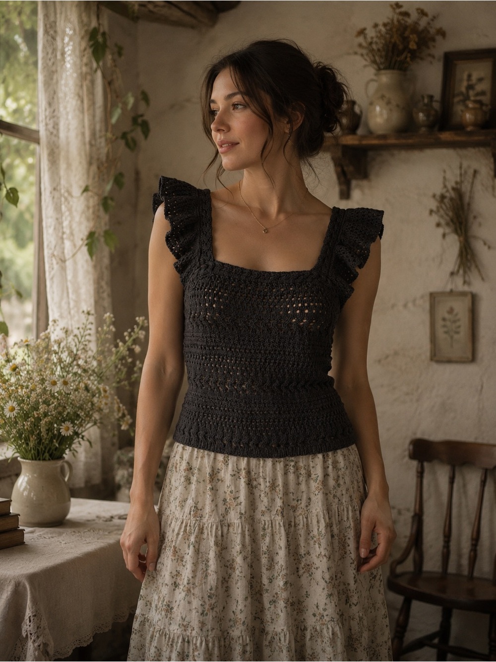 Scoop Y2K Black Crochet Ruffle Sleeve Dark Cottagecore Top Size M
